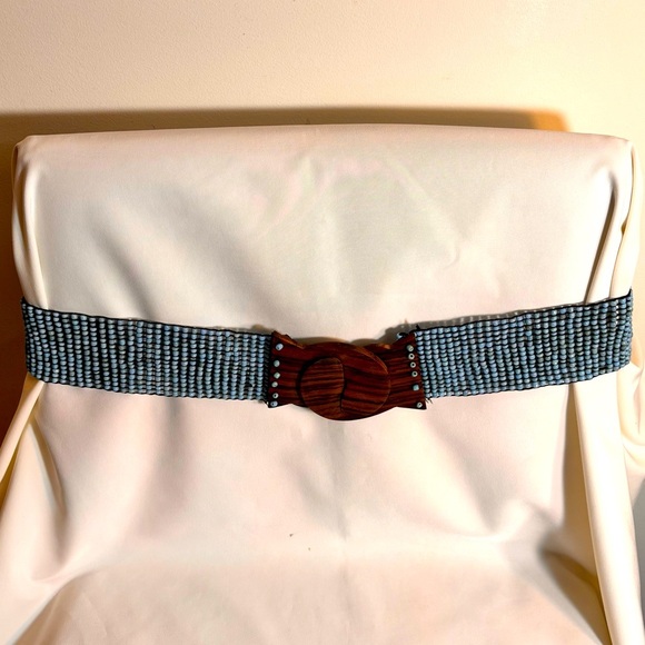 Blue Beaded Woven Elasticized Belt with Wooden Buckle - Picture 1 of 7
